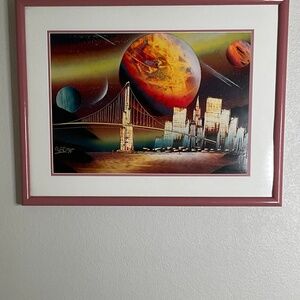 Signed ELEDISF framed Spray Paint Art Depicting San Francisco Sky Line Vintage